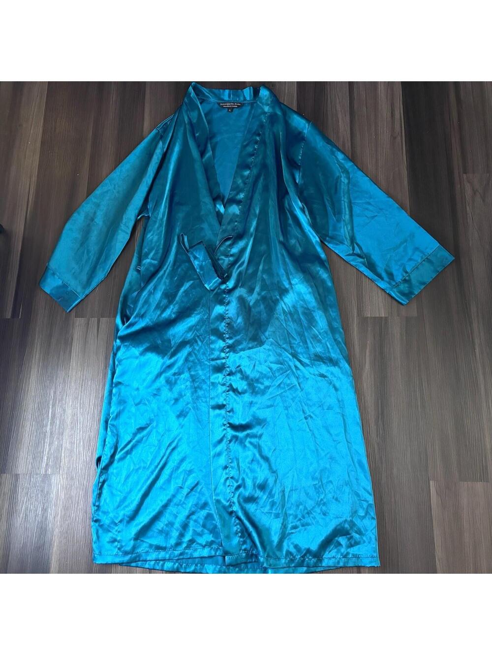 Alexander Del Rossa Satin Robe Teal Blue Long Belt Men's Size XL